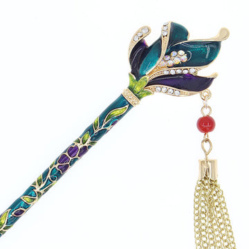 Enamel Floral Petals Hair Stick w/ Rhinestones and Tassels